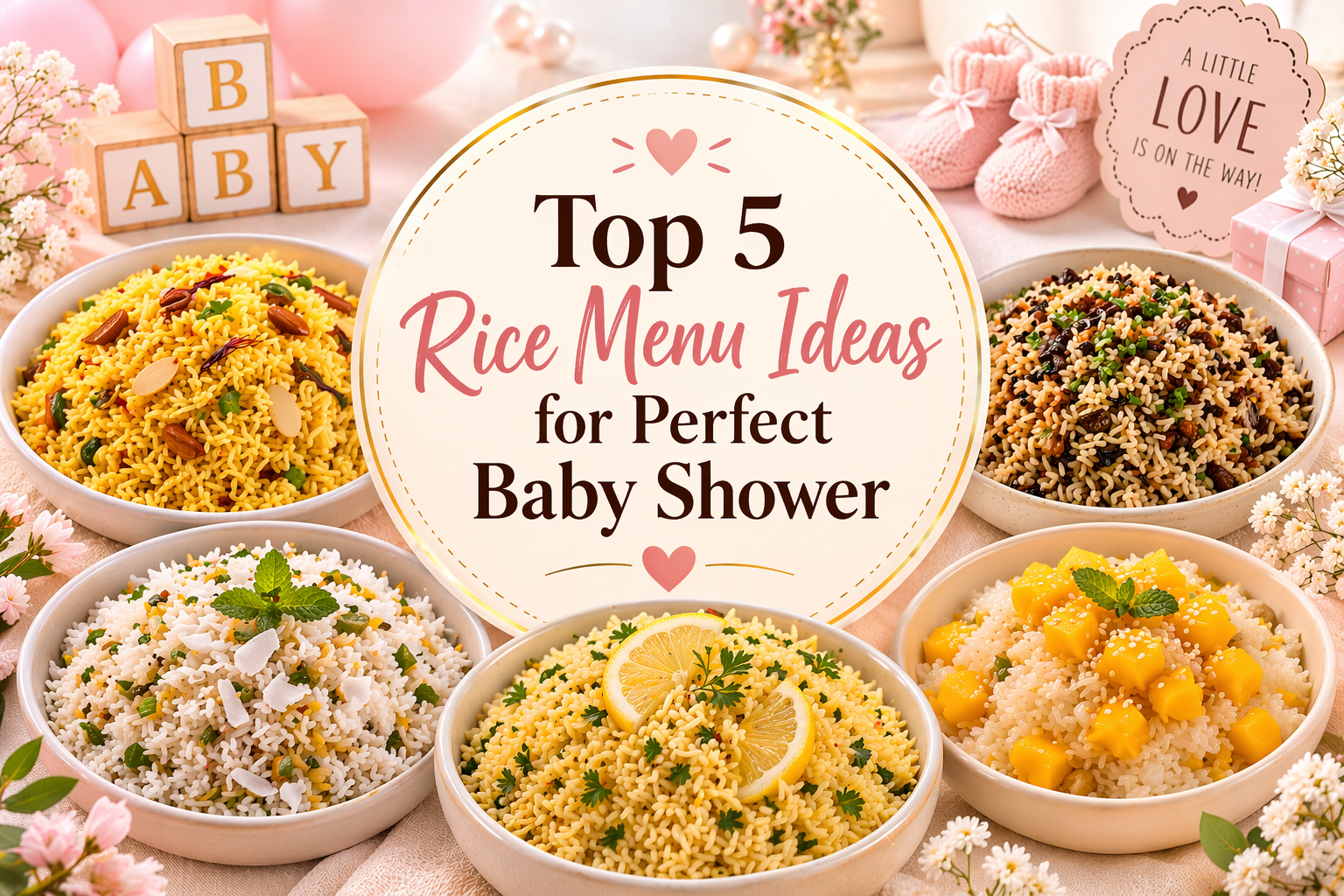 Top 5 Rice Menu Ideas for Perfect Baby Shower, surrounded by baby-themed decorations and soft pink decor.