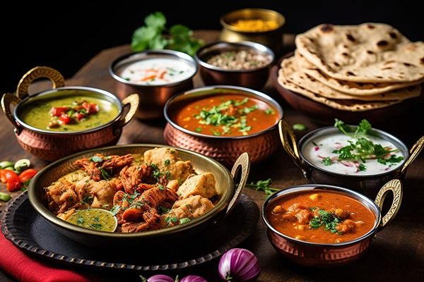 A North Indian food spread with rich curries, fried snacks, yogurt, and garnishes served in traditional bowls.