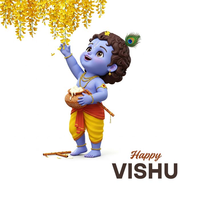 Cute baby Krishna illustration celebrating Vishu festival with Konna flowers and traditional attire, symbolizing Kerala New Year and prosperity