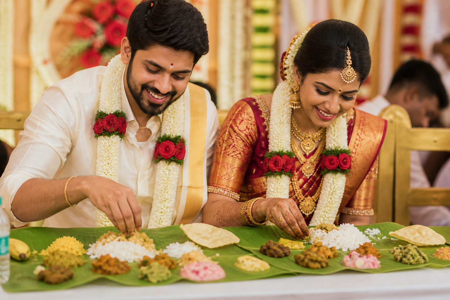 South Indian bride and groom eating traditional banana leaf meal at wedding ceremony
