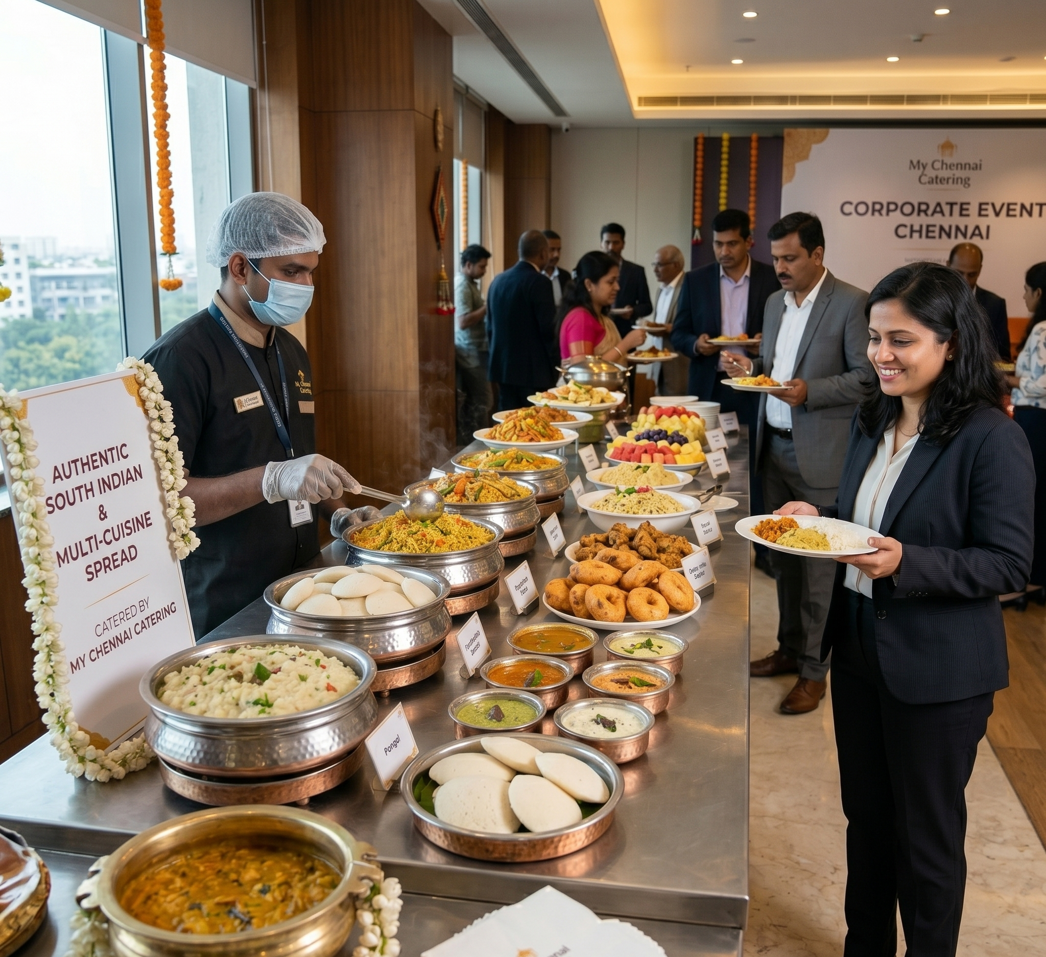Professional corporate catering setup and buffet for business events in Chennai by My Chennai Catering