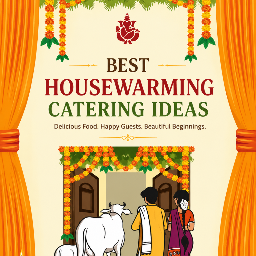Traditional Indian housewarming catering poster with festive decorations, couple entering new home, and delicious South Indian food spread.