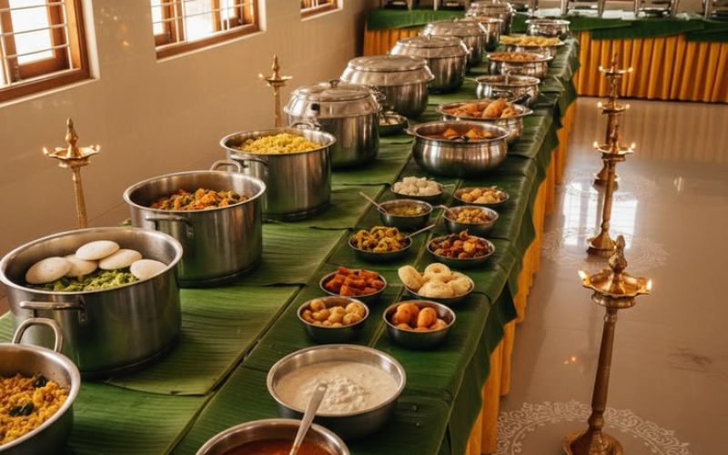 Traditional South Indian wedding catering in Chennai with banana leaf service and vegetarian menu