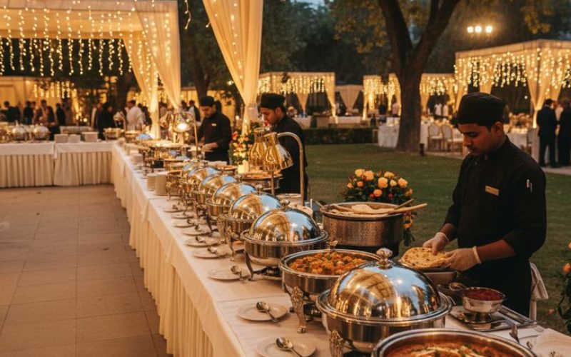 Outdoor wedding buffet setup with vegetarian dishes in serving trays and staff serving food under decorative lights.