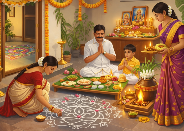 Tamil New Year Kanni setup with fruits coconut sweets traditional P