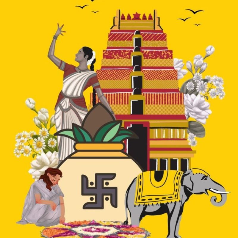 Illustration of Pongal festival showing a temple, decorated elephant, traditional dancer, Pongal pot with symbol, and a woman making rangoli on a bright yellow background.