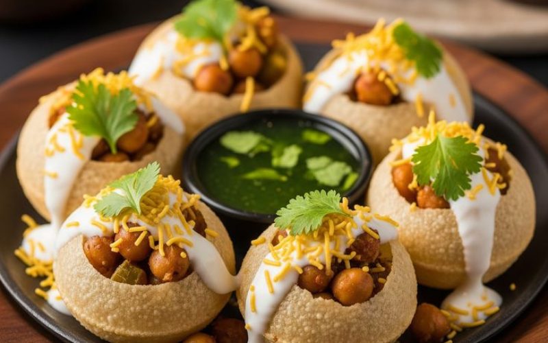 A variety of Indian chaat dishes topped with chutneys, yogurt, spices, and fresh herbs, served as street food snacks.